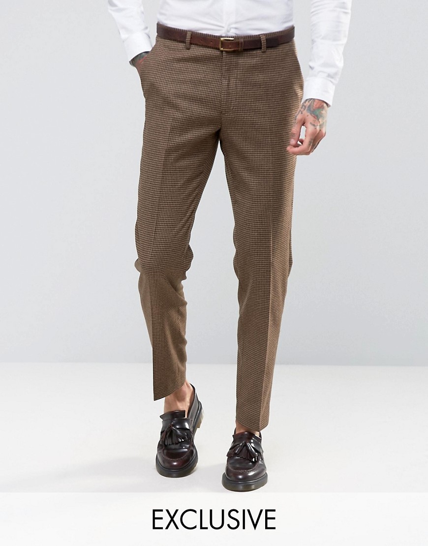 Heart and Dagger Woven in England Skinny Suit Trousers In Dogtooth - Brown