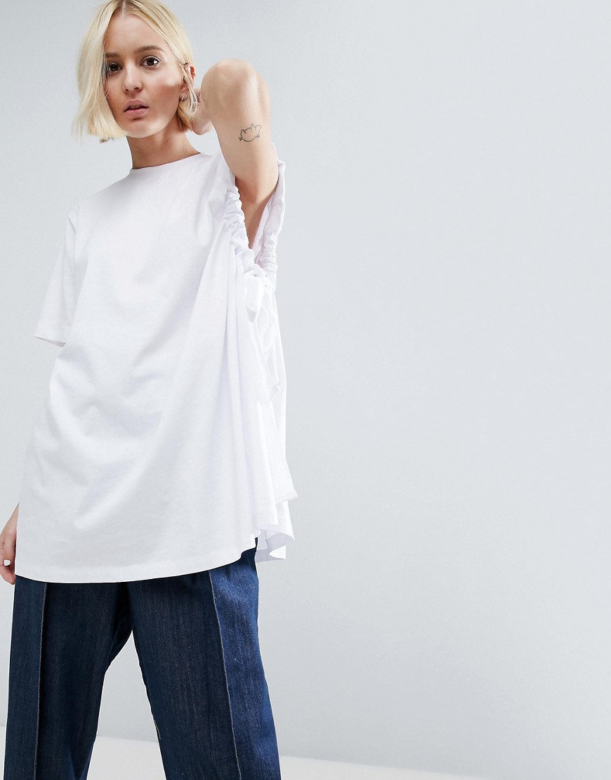 ASOS WHITE Asymmetric Sleeve T-Shirt With Ruche Underarm Detail - White
