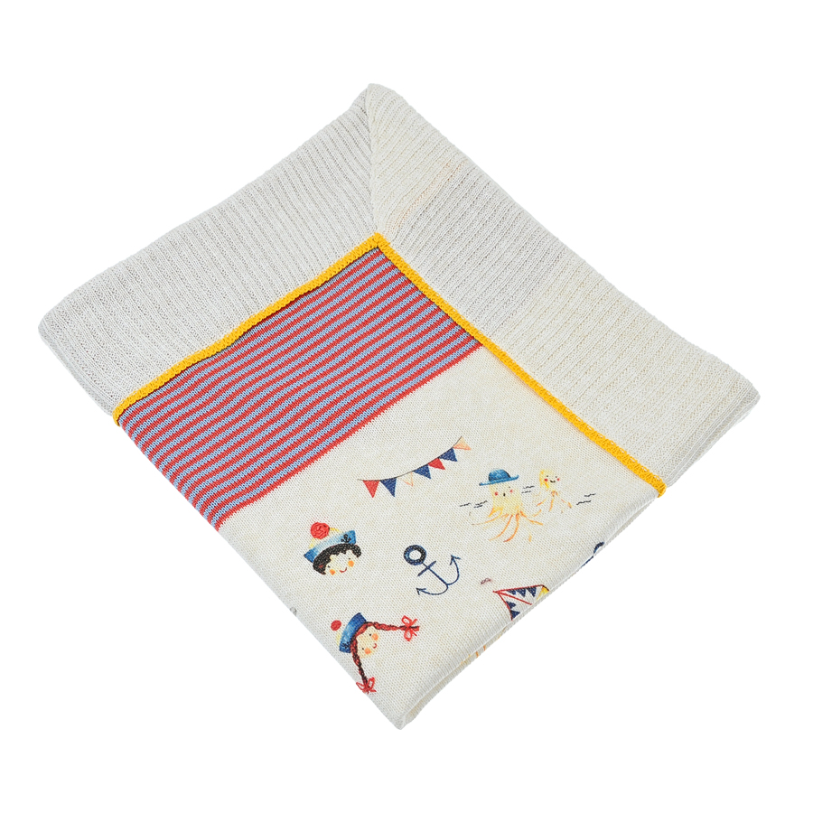 Плед Susanna красно-серая полоска, желтая отделка, принт морячки и морской мир